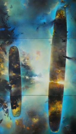 carnac, les gardiens du monde (acrylique sur toile, triptyque, 173 x 100 cm)